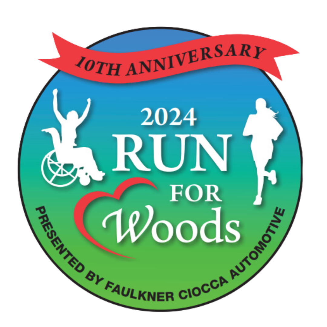 Run for Woods 2024 logo with green and blue circlbanner at the tope and a red